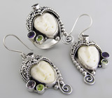 Комплект из коллекции "Сны падишаха" с ликом из резной кости буйвола и аметистами Серебро 925