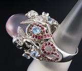 Роскошное массивное кольцо с розовым кварцем, топазами и родолитами Серебро 925