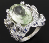 Крупное кольцо с зеленым аметистом и сапфирами Серебро 925