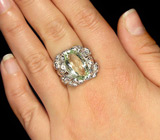 Крупное кольцо с зеленым аметистом и сапфирами Серебро 925