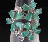 Кольцо с цветками изумрудов, аметистами и топазами Серебро 925