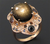 Кольцо со звездчатым, синими сапфирами, гранатами и шпинелями Серебро 925