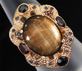 Кольцо со звездчатым, синими сапфирами, гранатами и шпинелями Серебро 925