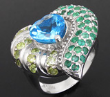 Великолепное кольцо с топазом, перидотами и изумрудами Серебро 925