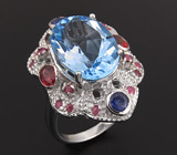 Эффектное кольцо с голубым топазом и сапфирами Серебро 925