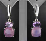 Серьги с розовым халцедоном и аметистами Серебро 925