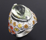 Превосходное крупное кольцо с зеленым аметистом и сапфирами Серебро 925