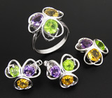 Комплект с аметистами, цитринами и перидотами Серебро 925