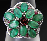 Кольцо с родолитом гранатом, изумрудами и сапфирами Серебро 925