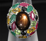 Великолепное кольцо со звездчатыми сапфиром и самоцветами Серебро 925