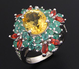 Кольцо с цитрином, изумрудами, цаворитами гранатами и сапфирами Серебро 925
