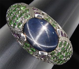 Кольцо со звездчатым сапфиром, аметистами и цаворитами Серебро 925