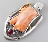 Кулон с резным solid кораллом, рубеллитом и бриллиантами Серебро 925
