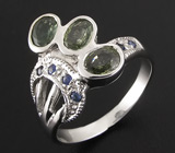 Оригинальное кольцо с зелеными и синими сапфирами Серебро 925