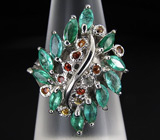 Эффектное кольцо с изумрудами и сапфирами Серебро 925