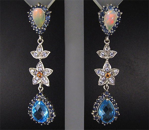 Длинные серьги с топазами, сапфирами, эфиопскими опалами и танзанитами