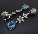 Длинные серьги с топазами, сапфирами, эфиопскими опалами и танзанитами Серебро 925