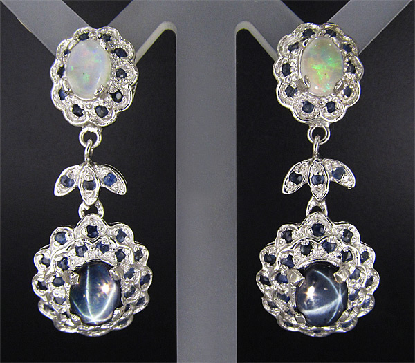 Серьги с опалами, звездчатыми и синими сапфирами