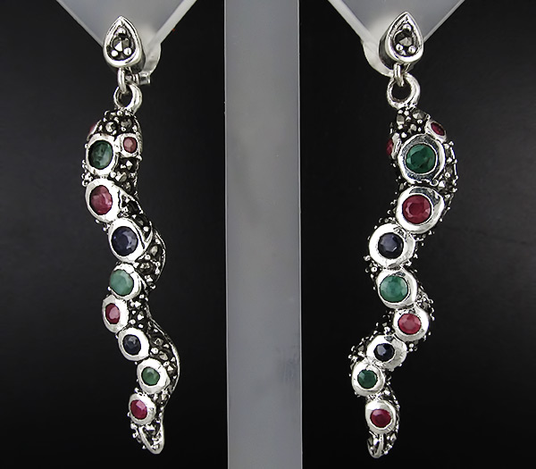 Серьги "Змейки с изумрудами, сапфирами и марказитами
