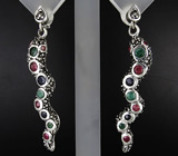 Серьги "Змейки с изумрудами, сапфирами и марказитами Серебро 925