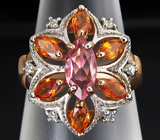Яркое кольцо с розовым турмалином и сапфирами Серебро 925