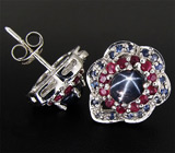 Серьги со звездчатыми, пурпурными и синими сапфирами Серебро 925