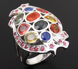 Праздничное кольцо с разноцветными сапфирами Серебро 925