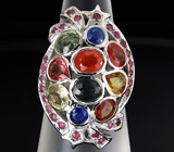 Праздничное кольцо с разноцветными сапфирами Серебро 925