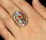 Праздничное кольцо с разноцветными сапфирами Серебро 925