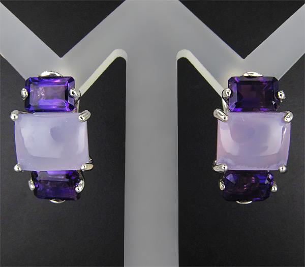 Серьги с розовым халцедоном и аметистами