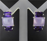 Серьги с розовым халцедоном и аметистами Серебро 925