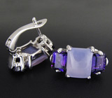 Серьги с розовым халцедоном и аметистами Серебро 925