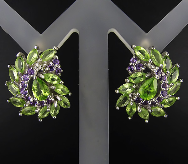 Оригинальные серьги с перидотами и аметистами