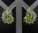 Оригинальные серьги с перидотами и аметистами Серебро 925