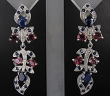 Замечательные серьги с синими сапфирами и родолитами Серебро 925