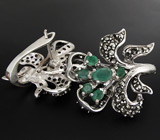 Эффектные серьги с изумрудами и марказитами Серебро 925