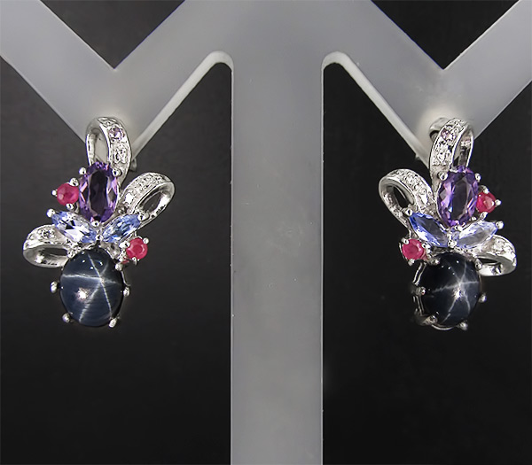 Серьги со звездчатыми сапфирами, аметистами и танзанитами