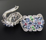 Великолепные серьги с цаворитами, топазами и сапфирами Серебро 925