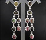 Роскошные крупные серьги с разноцветными турмалинами Серебро 925