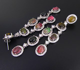 Роскошные крупные серьги с разноцветными турмалинами Серебро 925
