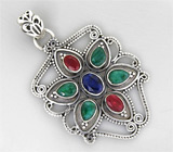 Кулон с индийскими рубинами, изумрудами и сапфиром Серебро 925