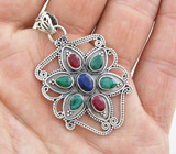 Кулон с индийскими рубинами, изумрудами и сапфиром Серебро 925