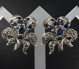 Оригинальные серьги с синими сапфирами и марказитами Серебро 925