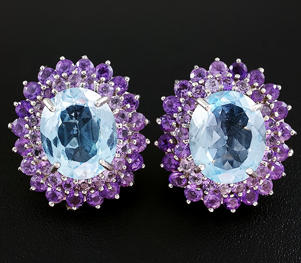 Серьги с голубыми топазами и аметистами