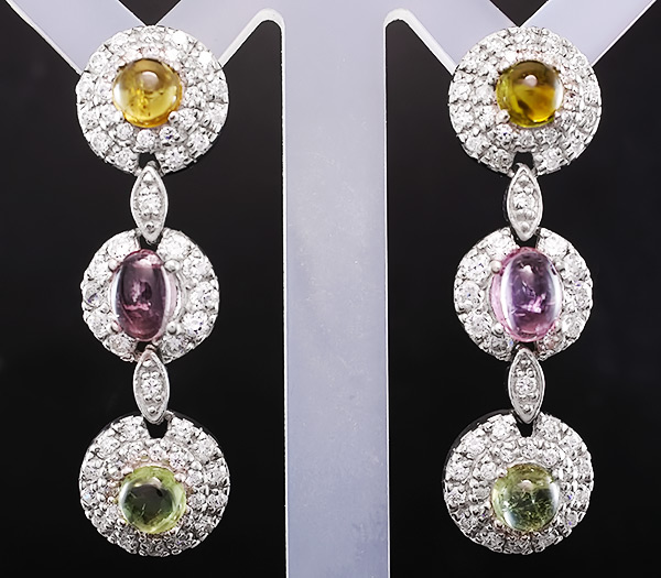 Серьги с кабошонами разноцветных турмалинов