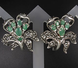 Эффектные серьги с изумрудами и марказитами Серебро 925