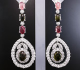 Крупные серьги с разноцветными турмалинами Серебро 925