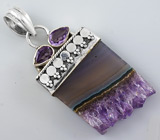 Кулон со слайсом друзы флюорита и аметистами Серебро 925