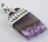 Кулон со слайсом друзы флюорита и аметистами Серебро 925