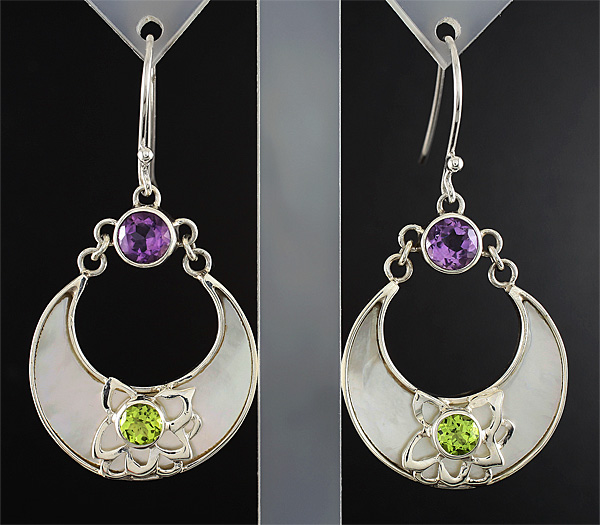 Серьги с перламутром, аметистами и перидотами